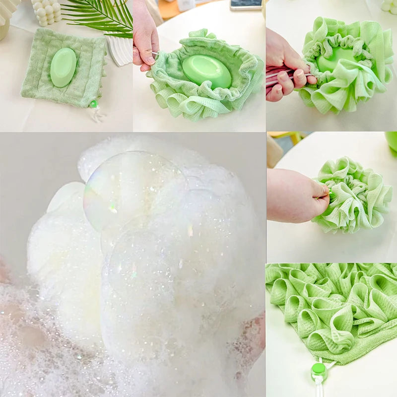 2-in-1 Exfoliating Mesh Bath Sponge with Drawstring Soap Holder Exfoliating Bath Sponge QXL