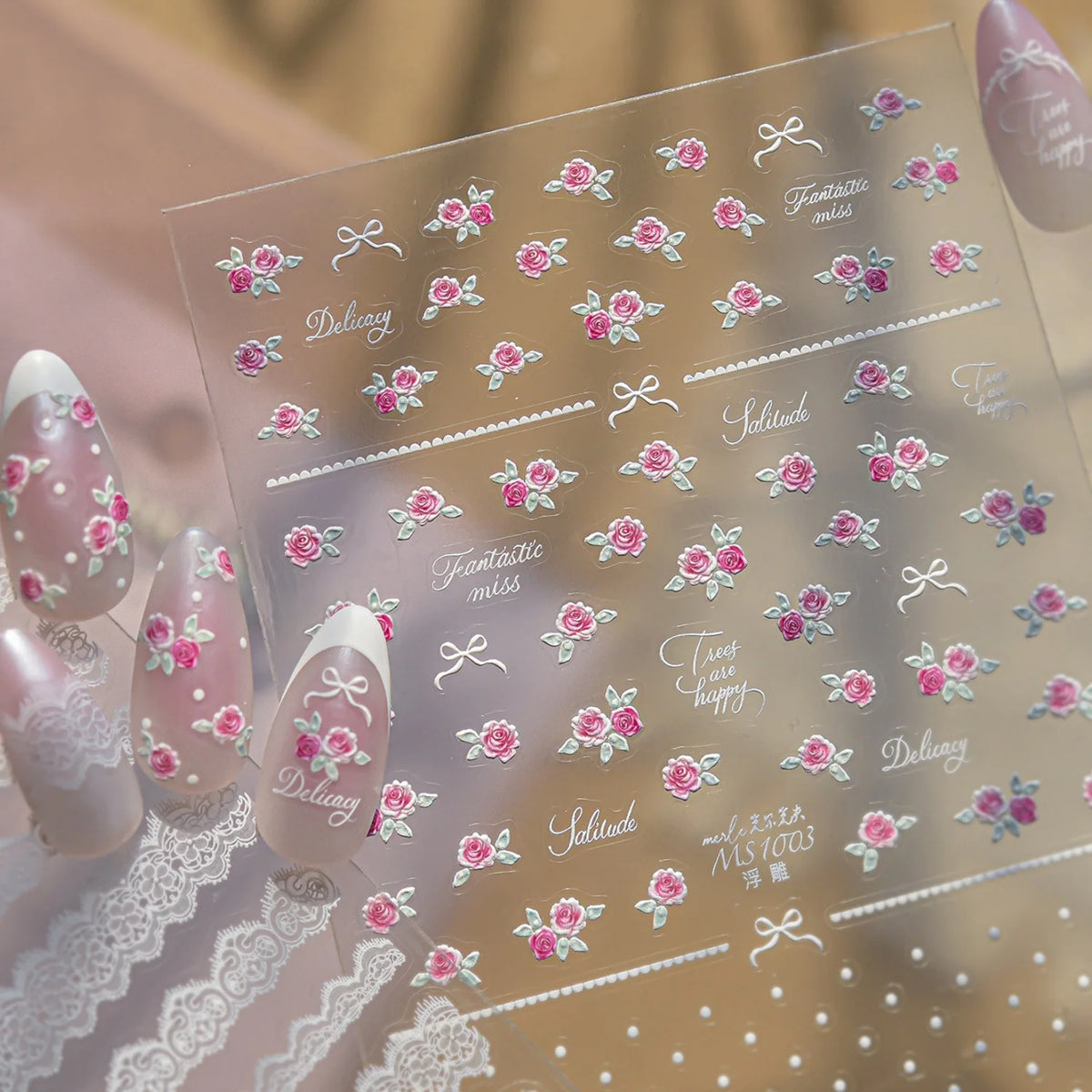 5D Pink Rose Floral Bow Nail Art Stickers | Self-Adhesive Decals Nail Art Stickers QXL