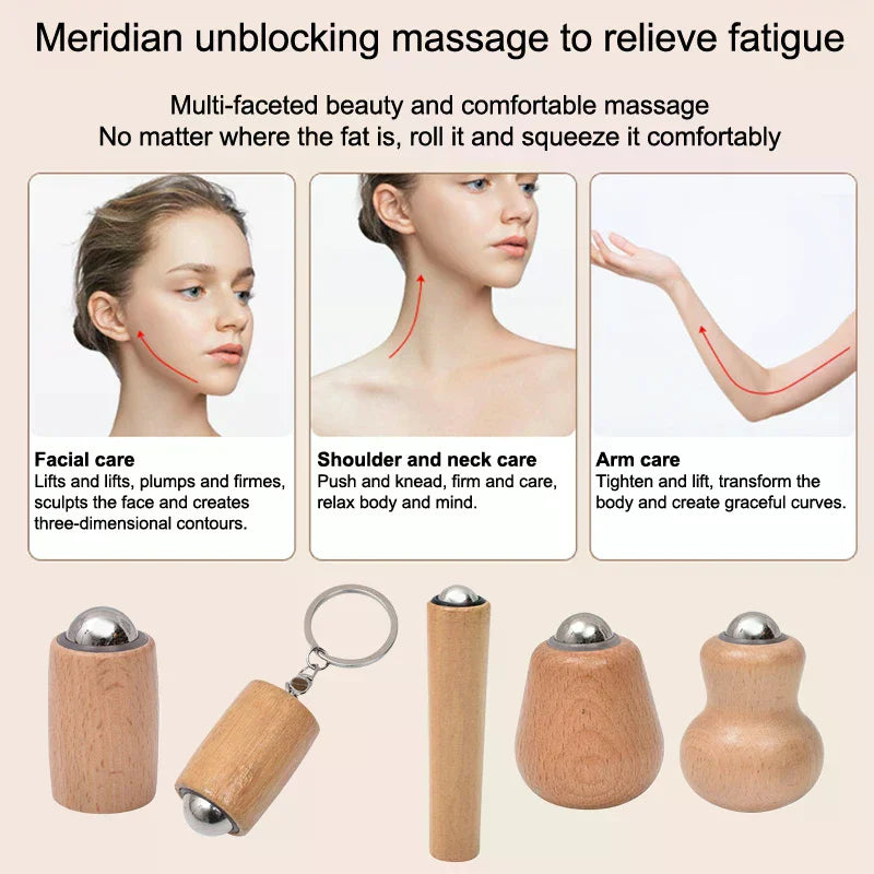 Wooden Facial Massage Roller | Iron Ball Hot & Cold Face Tool Facial Massage Roller QXL
