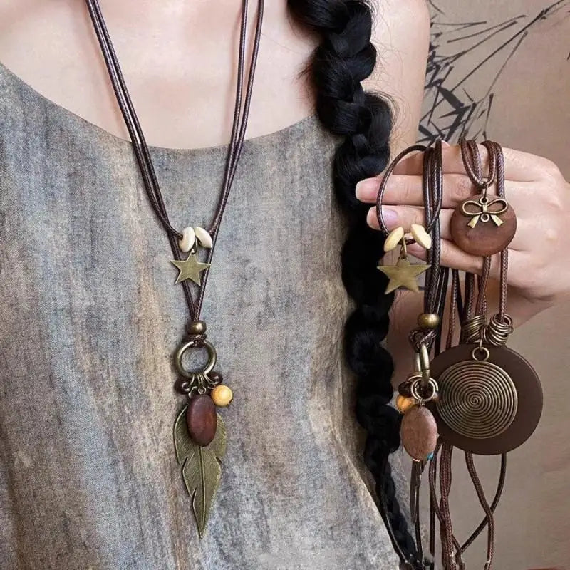 Vintage Boho Layered Pendant Necklace | Antique Long Chain Pendant Necklace QXL