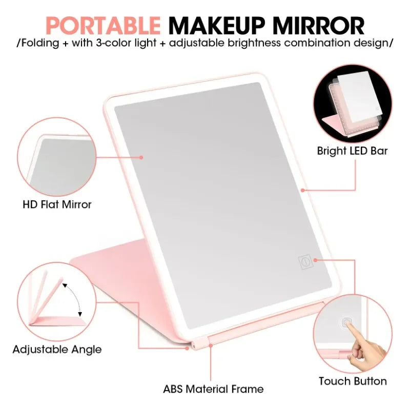 LED Lighted Folding Travel Makeup Mirror | 3 Colours Touch Dim LED Makeup Mirror QXL