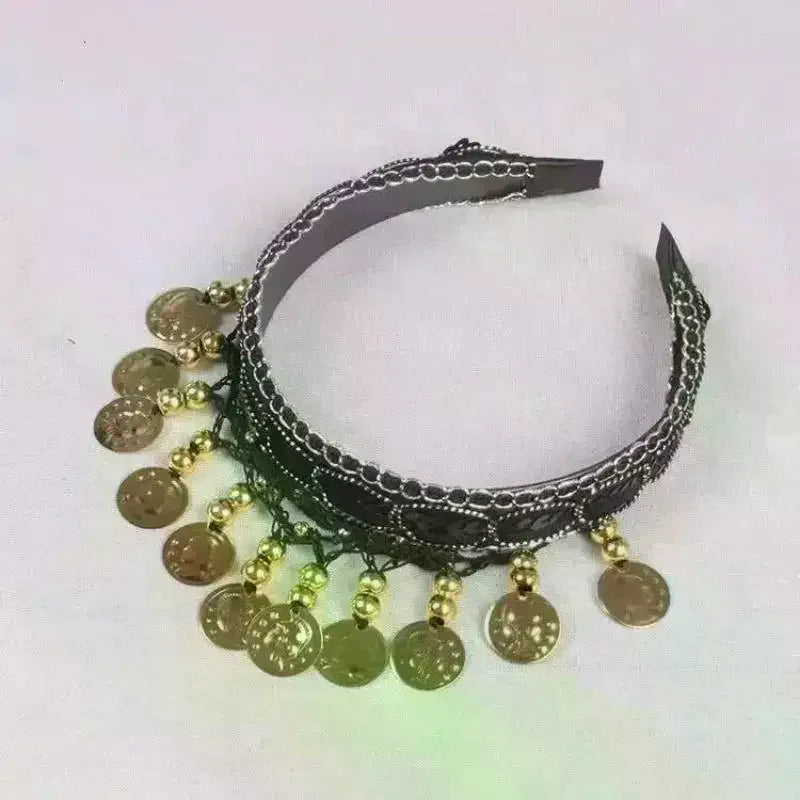 Ethnic Belly Dance Headband | Red Sequin Coin Fringe Headpiece Dance Headband QXL