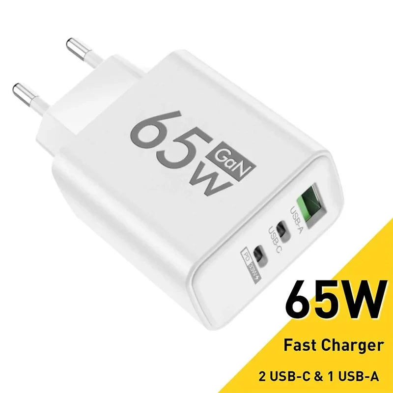 65W GaN 3-Port USB-C PD Fast Charger | EU US KR Plug GaN USB-C Charger QXL