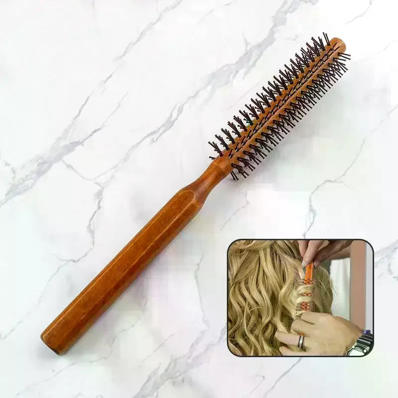 Wooden Round Barrel Roller Comb | Nylon Bristle Hair Styling Round Barrel Roller Comb QXL