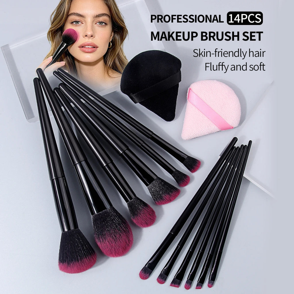 KOSSHOW 14-Pc Makeup Brush Set with Powder Puffs | Pink & Black Makeup Brush Set QXL