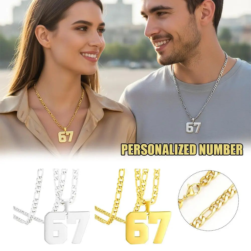 67 Number Pendant Necklace | Gold-Tone Figaro Chain Unisex Gift Number Pendant Necklace QXL