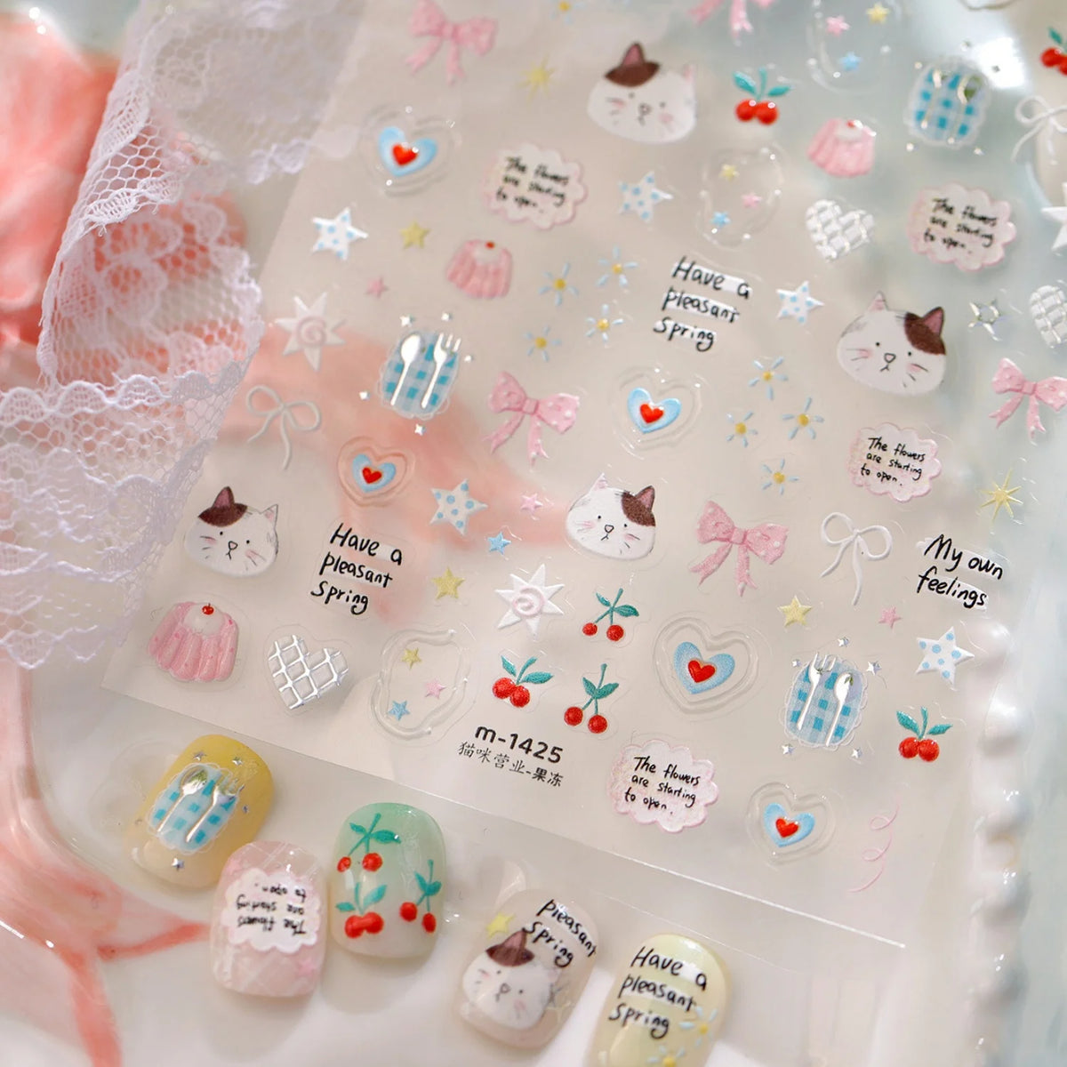 5D Kawaii Cat & Cherry Embossed Nail Stickers | Self-Adhesive Nail Art Stickers QXL