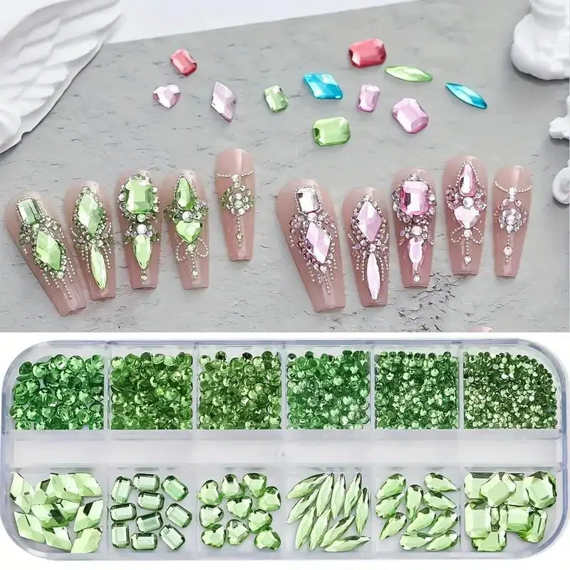 530-Pc 3D Nail Art Rhinestones | 12-Grid Flatback DIY Set Nail Art Rhinestones QXL