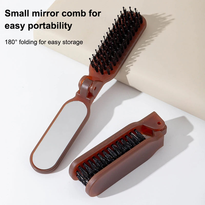 Foldable Boar Bristle Travel Hair Brush with Mirror | Pocket Travel Hair Brush QXL
