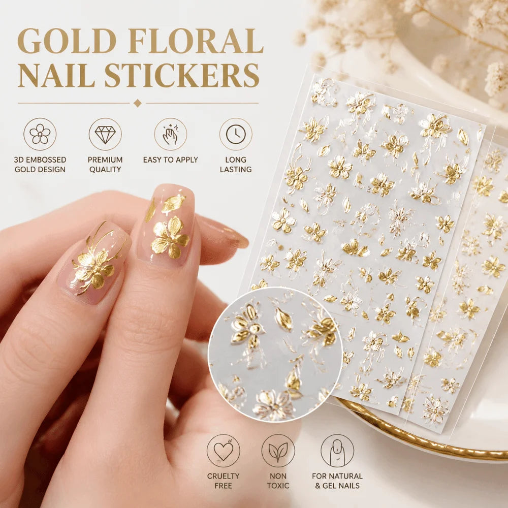 Gold Flower 3D Nail Stickers | Floral Relief Press-On Art Nail Art Stickers QXL
