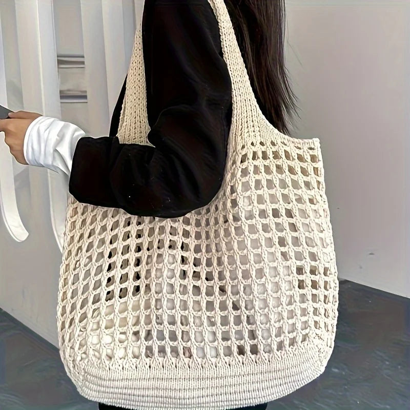 Large Woven Tote Bag | Hollow Shoulder Bag for Summer Travel Woven Tote Bag QXL