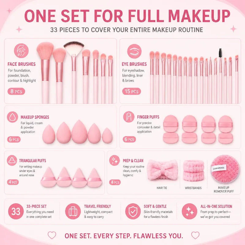 33-Pc Makeup Brush & Sponge Kit | Puffs, Headband & Wristbands Makeup Tool Set QXL