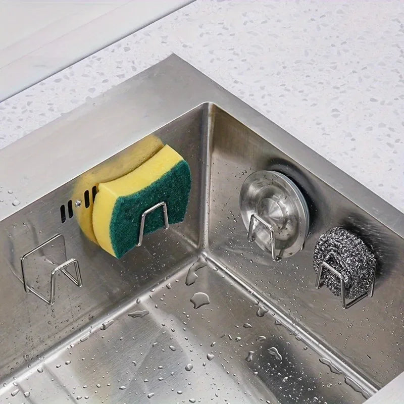 No-Drill Wall-Mount Sponge Drain Rack | Stainless Steel Hook Sink Sponge Holder QXL