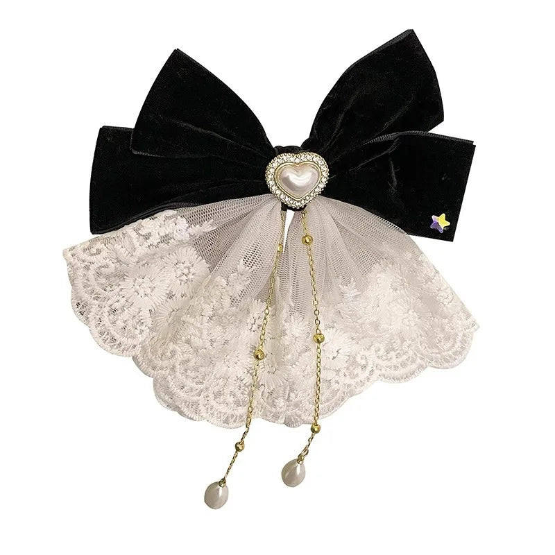 Red Lace Bow Hair Clip | Rhinestone Crystal Hairpin for Women Bow Hair Clip QXL