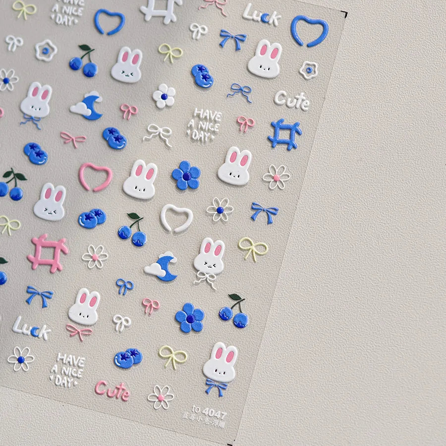 5D Kawaii Rabbit Nail Stickers | Embossed Cartoon Nail Art Decals Nail Art Stickers QXL