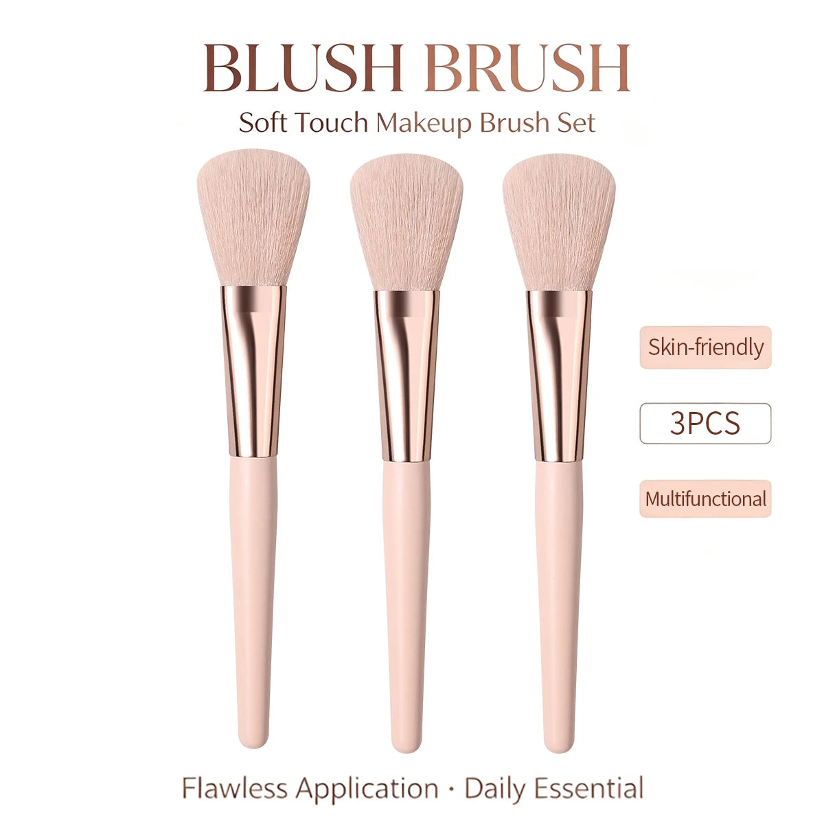 KOSSHOW 3-Pc Blush, Contour & Highlighter Brush Set Makeup Brush Set QXL Pink