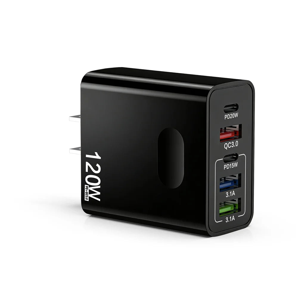 120W 5-Port USB-C Fast Charger PD Quick Charge 3.0 Wall Plug USB-C Wall Charger QXL Black US