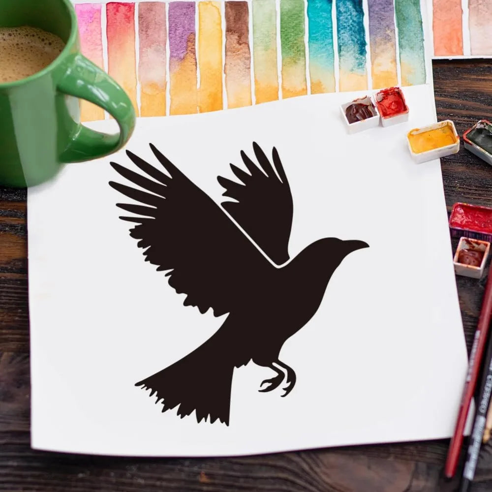 4-Pack Flying Crow Raven Stencils 11.8" | Reusable PET + Brush Painting Stencil Set QXL