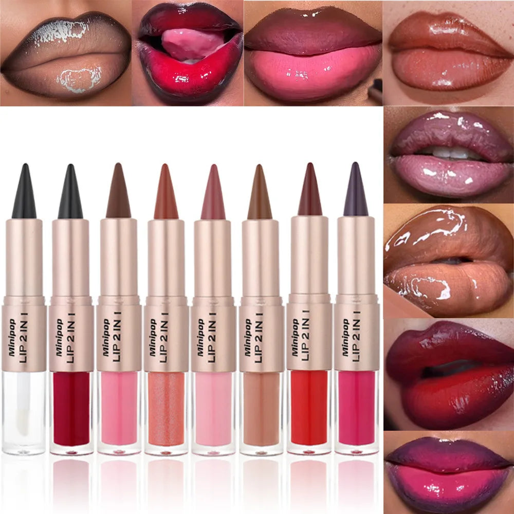 2-in-1 Matte Lip Liner & Gloss Pen | Waterproof, 8 Shades Lip Liner & Gloss QXL