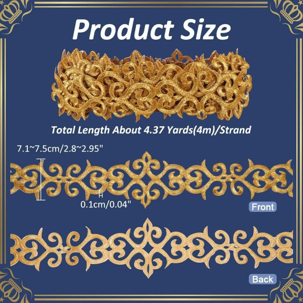 Iron-On Gold Embroidery Lace Trim 4.37 Yds | Floral Metallic Embroidery Lace Trim QXL