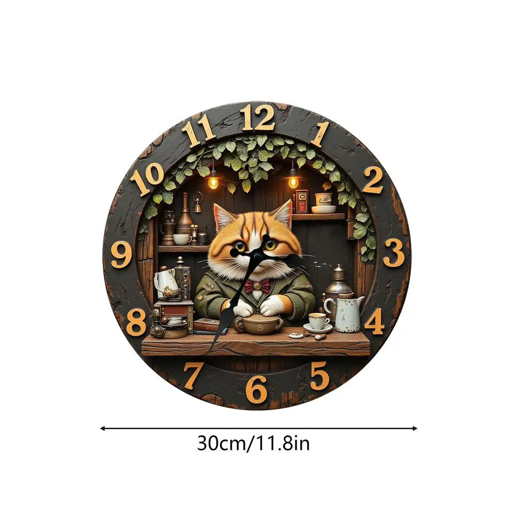 11.81" Cat Theme Wooden Wall Clock | Silent Sweep Movement Decorative Wall Clock QXL B