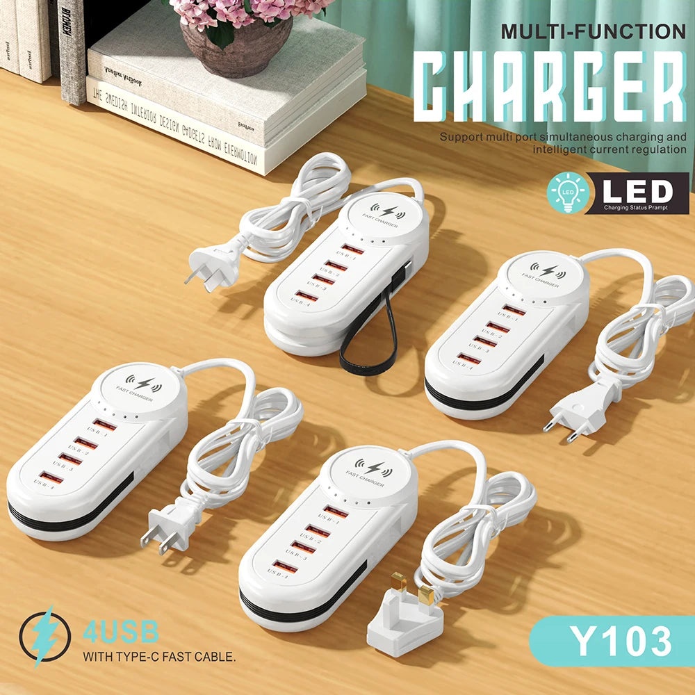 4-Port USB Wall Charger with LED | PD Fast Charge Type-C USB Wall Charger QXL
