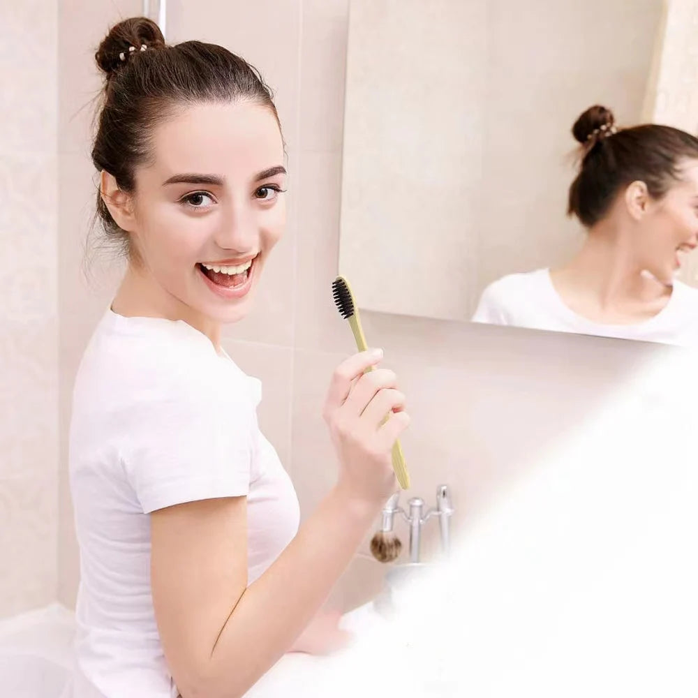 10-Pack Bamboo Charcoal Toothbrush | Soft Bristle Eco Set Bamboo Toothbrush QXL