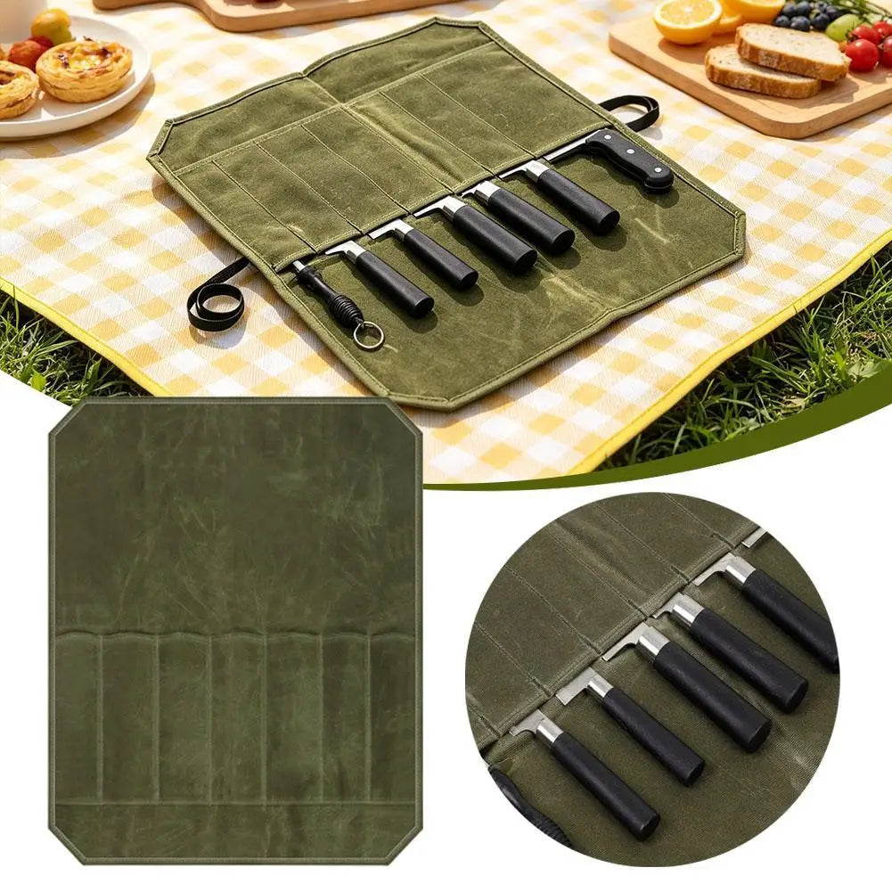7-Slot Wax Canvas Knife Roll Bag | Chef & Camping Organizer Knife Roll Bag QXL