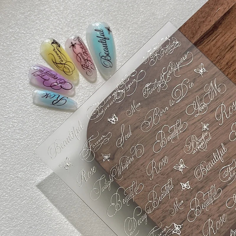 Gothic Silver Butterfly Nail Art Stickers | Cursive Script Decals Nail Art Stickers QXL