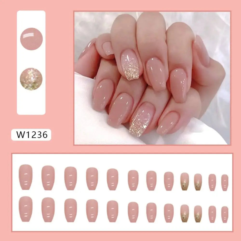 Long Ballerina False Nails Glitter Gold Pink Aurora 24-Pack Press-On Nail Tips QXL