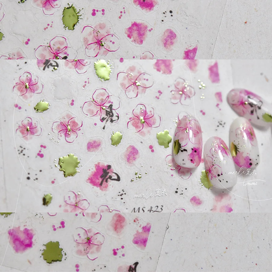 5D Lotus Flower Nail Stickers | Pink Ink Wash Floral Decals Nail Art Stickers QXL