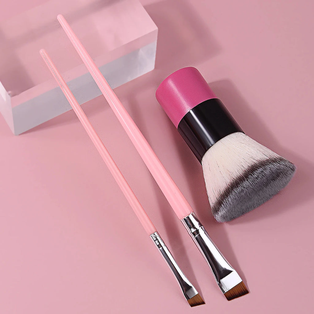 KOSSHOW 3-Piece Pink Makeup Brush Set | Eyeliner & Powder Makeup Brush Set QXL