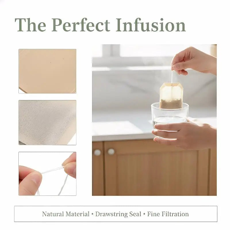100-Pack Drawstring Tea Filter Bags | Unbleached Eco Wood Pulp Tea Filter Bags QXL
