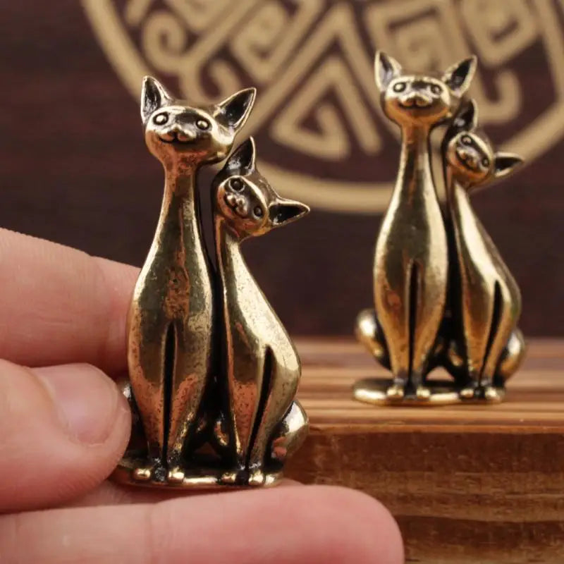 Brass Double Cat Sculpture Ornament | Desk & Home Decor Decorative Figurine QXL