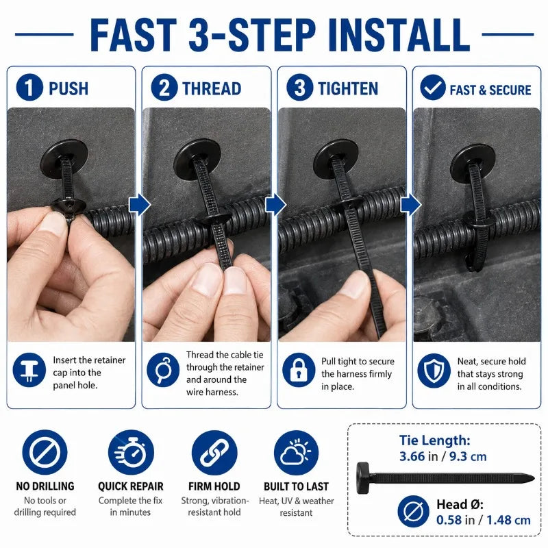 100-Pack Push Mount Cable Ties | Nylon Wire Harness Clips Cable Tie Fasteners QXL
