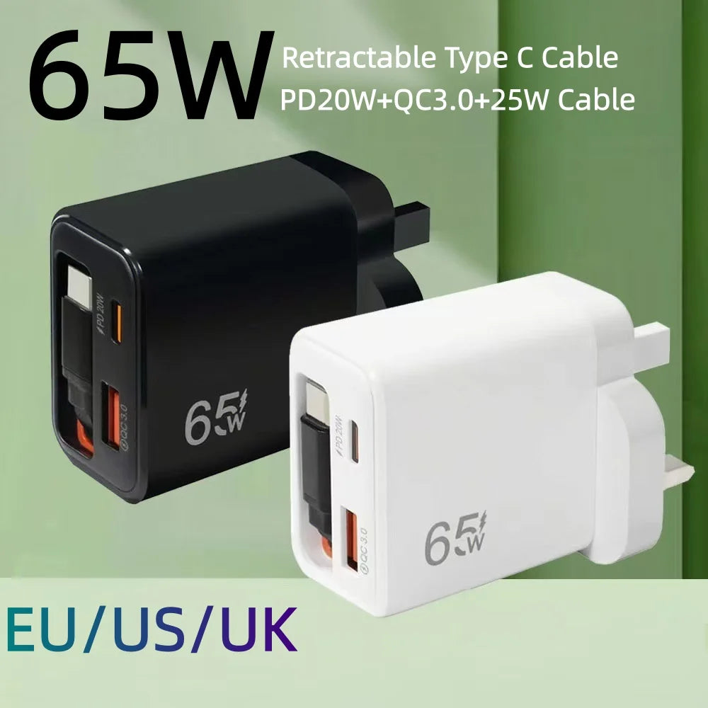 65W USB Fast Charger with Retractable Type-C Cable | PD 20W USB Wall Charger QXL