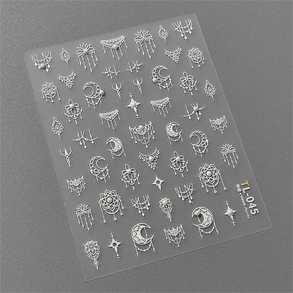 White Hollow Moon Nail Stickers | Pearl Rhinestone Decals Nail Art Stickers QXL