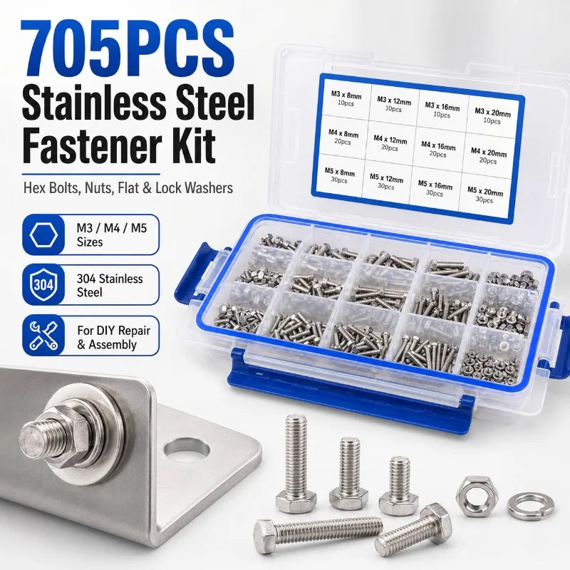 705-Pc M3 M4 M5 Stainless Steel Hex Bolts Nuts Washers Kit Fastener Assortment Kit QXL