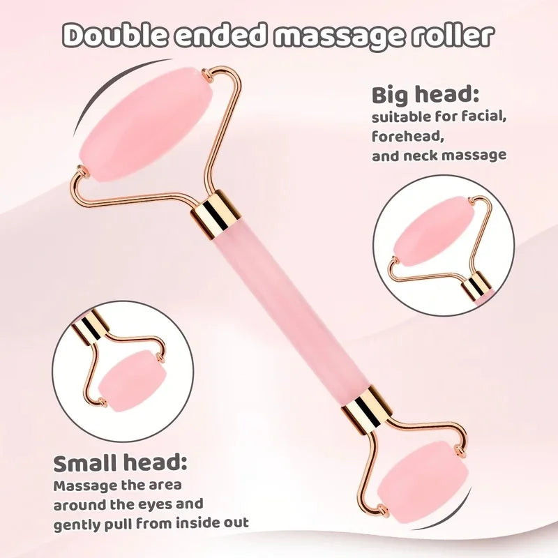 Jade & Rose Quartz Facial Roller & Gua Sha Scraping Set Facial Roller Set QXL