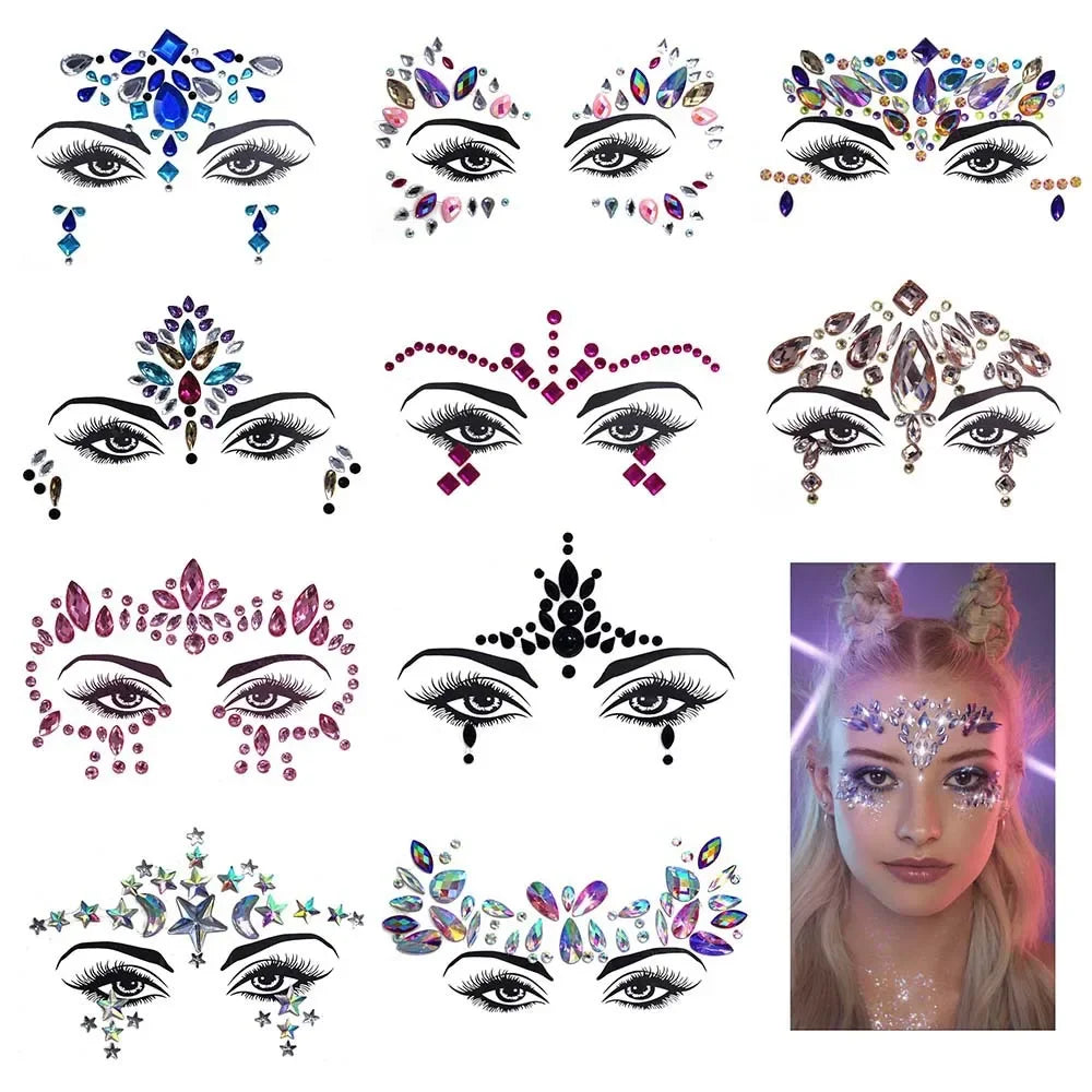 3D Face Jewels Rhinestone Temporary Tattoo Stickers | Party Gems Face Gem Stickers QXL
