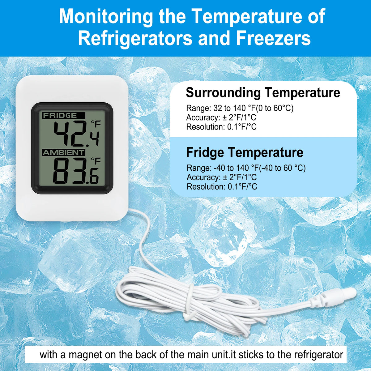 Digital Fridge Freezer Thermometer | Large LCD & Wired Probe Fridge Thermometer QXL