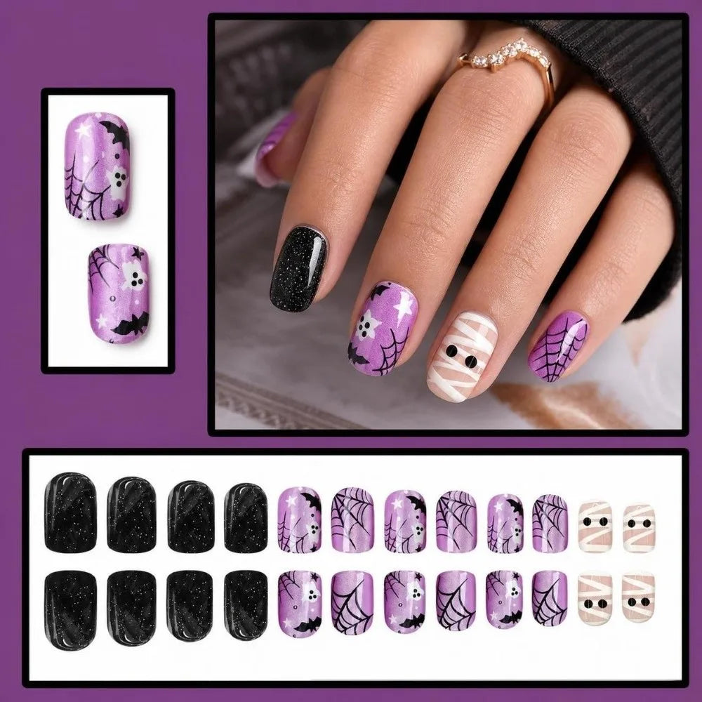 24-Pc Halloween Press-On Nails – Spider Web Bat Ghost Short Square Press-On Nail Set QXL