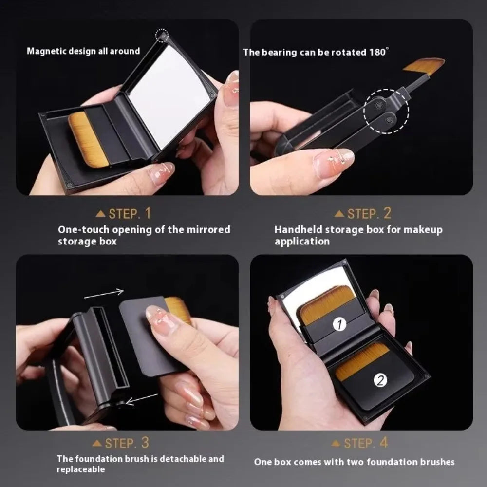 2-in-1 Compact Foundation Brush Set with Mirror Box | Flat-Head Foundation Brush Set QXL
