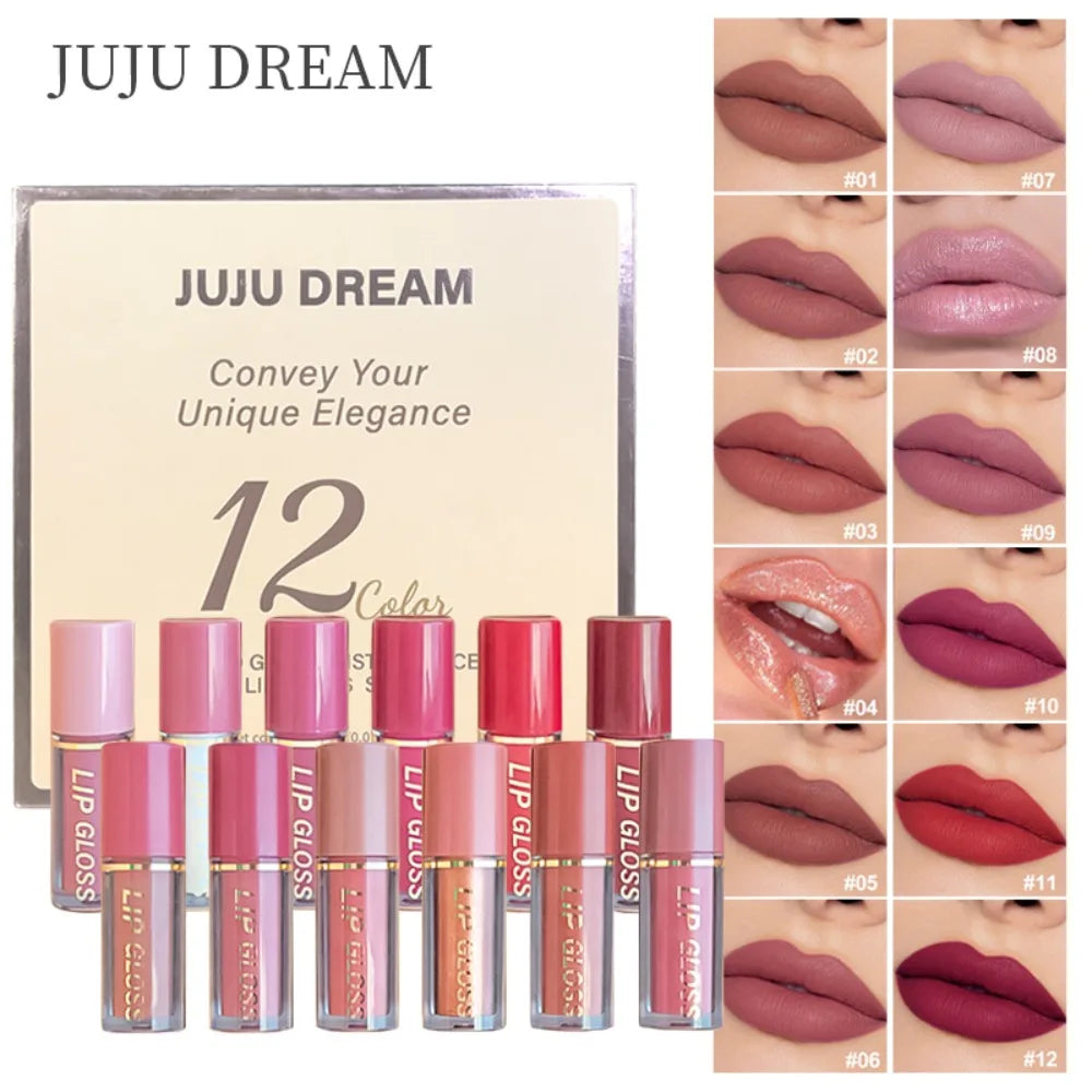 12-Color High Pigment Lip Gloss Set | Non-Sticky Liquid Lipstick Lip Gloss Set QXL
