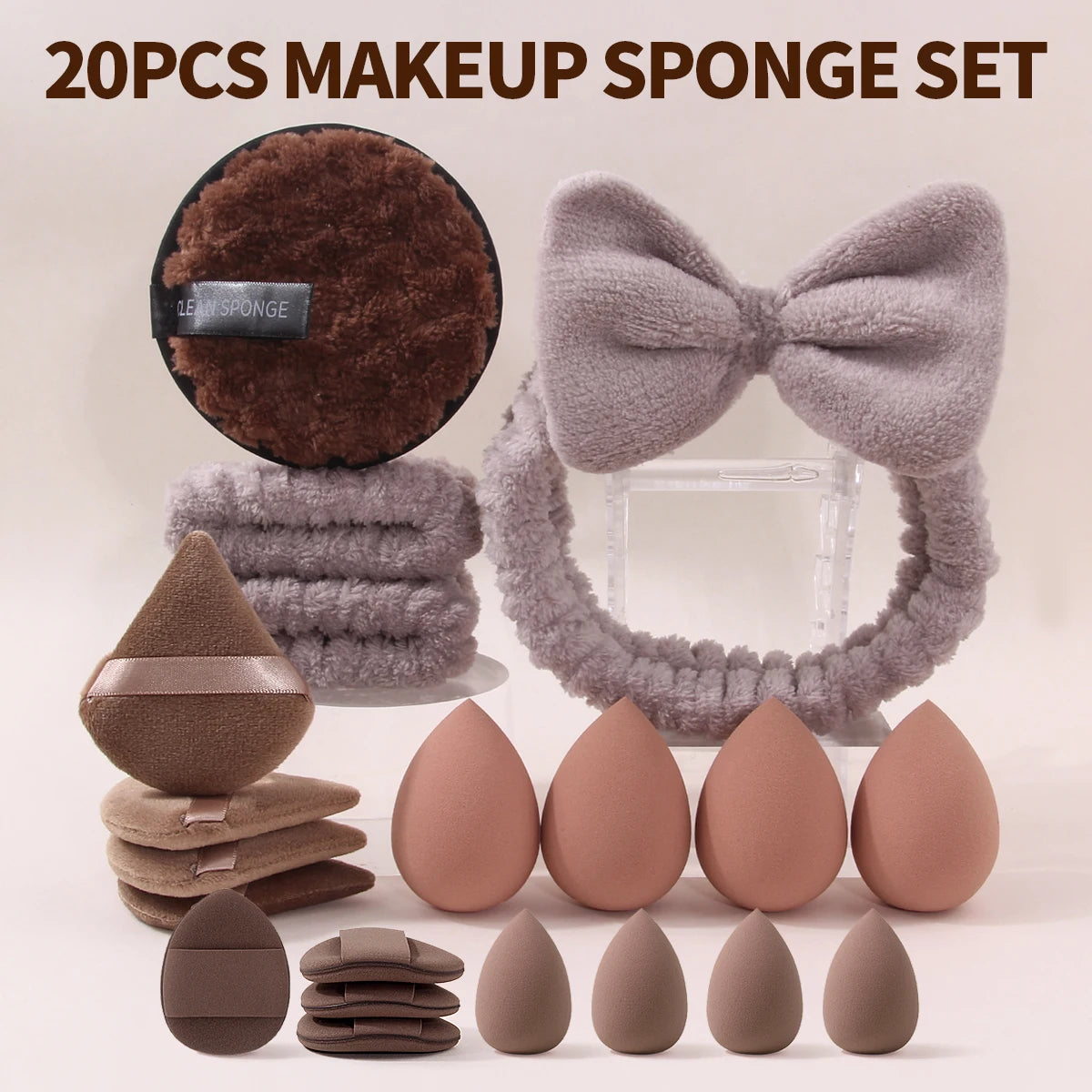 KOSSHOW 20-Pc Makeup Sponge & Puff Set with Bow Spa Headband Makeup Sponge Set QXL