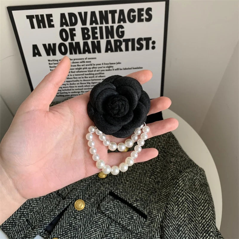 Camellia Pearl Brooch | Retro Floral Pin White Black Red Pink Floral Brooch Pin QXL