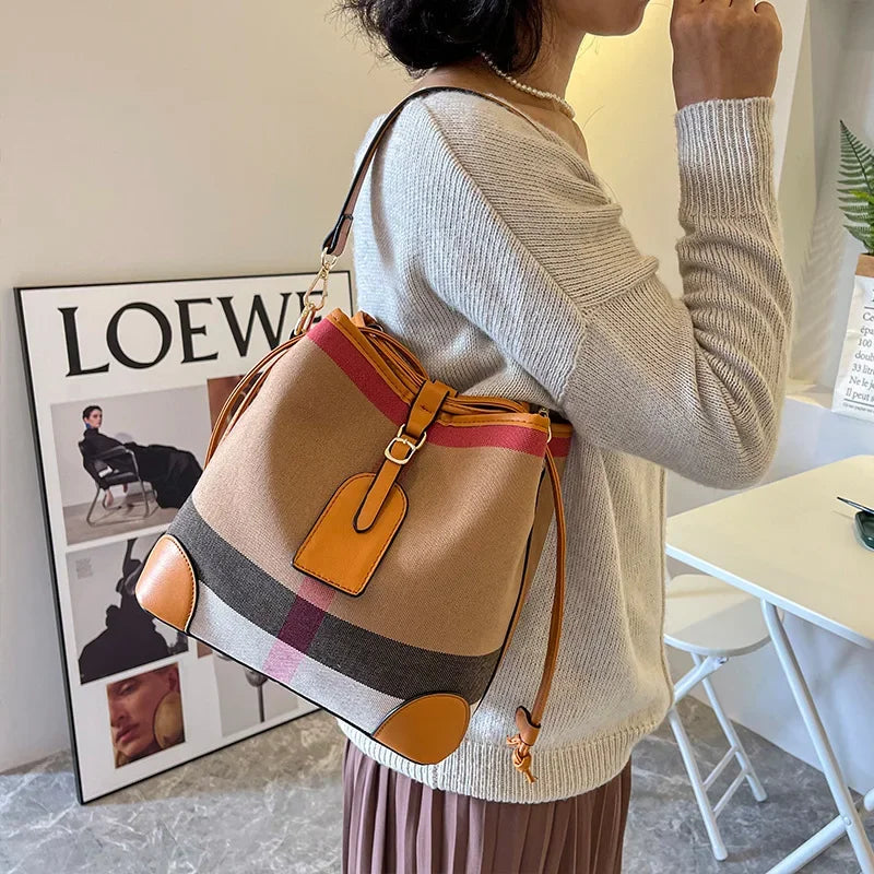 Canvas Plaid Drawstring Bucket Bag | Women's Handbag Canvas Bucket Bag QXL