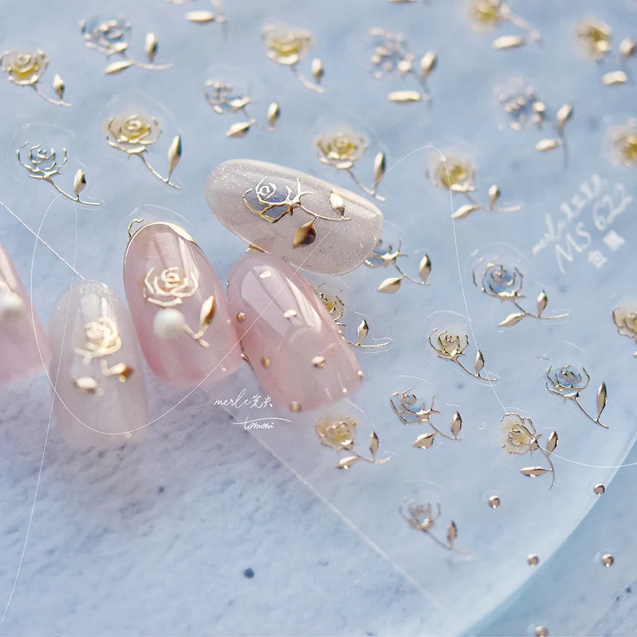 5D Bronzing Rose Nail Art Stickers | Hollow Flower Decals Nail Art Stickers QXL