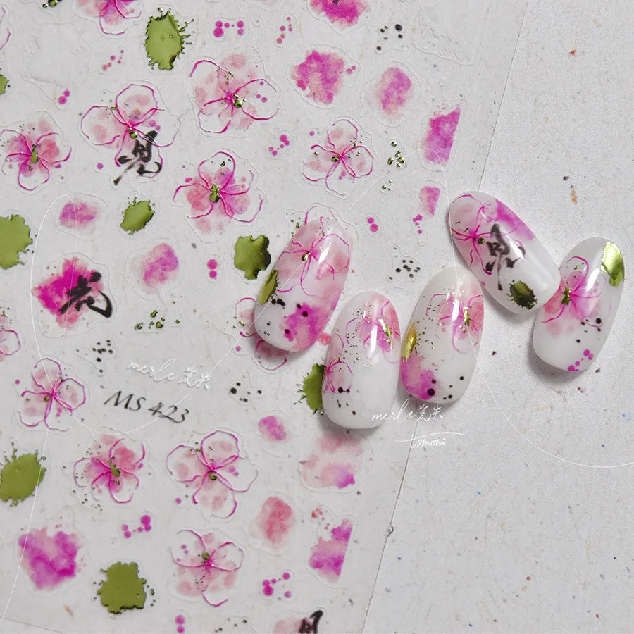 5D Lotus Flower Nail Stickers | Pink Ink Wash Floral Decals Nail Art Stickers QXL