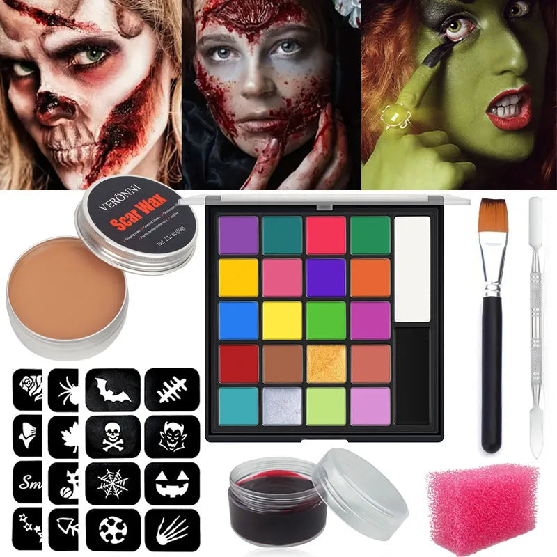 VERONNI 22-Color Face & Body Paint Kit with Brush & Stencils Face & Body Paint QXL 7 pcs 02